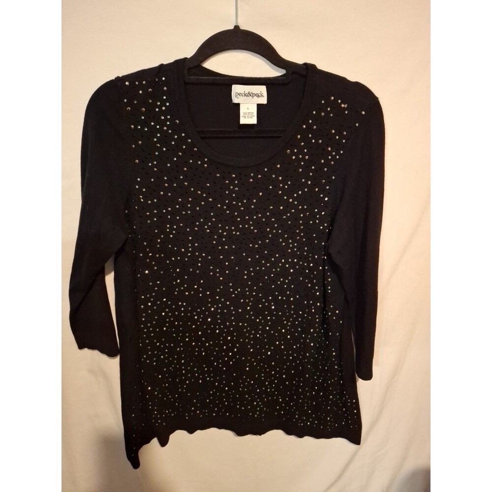 PECK & PECK Women's Black Rhinestone Top Size L 3/4 Sleeve Blouse